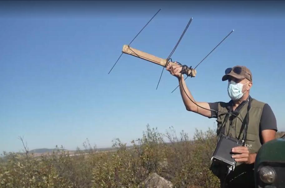 Homem com uma antena para deteção de sinais junto a uma viatura.