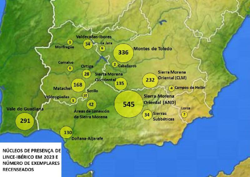 Mapa com distribuição do lince-ibérico em 2023